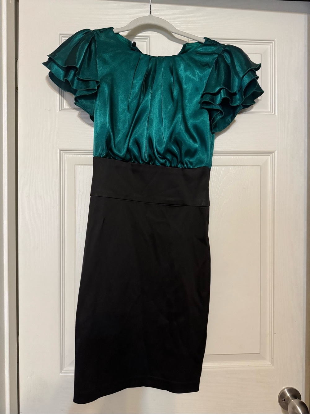 Xscape Teal Satin Flutter-Sleeve Midi Dress with Black Skirt